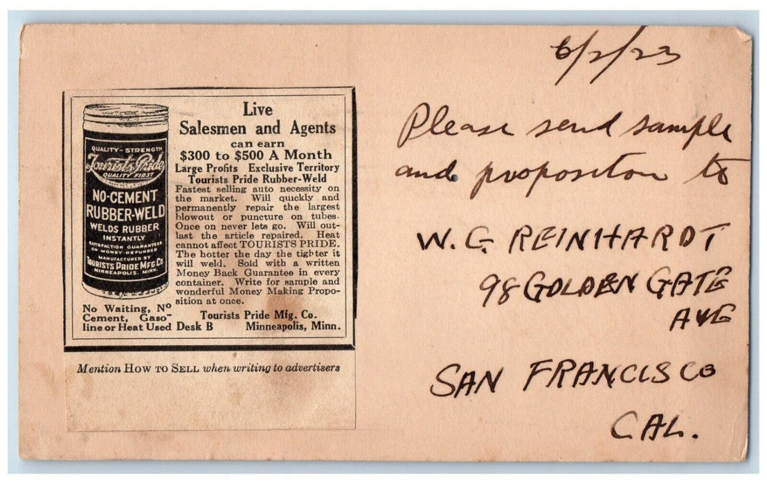 1923 No Cement Rubber Weld Minneapolis Indiana IN, Advertising Vintage Postcard