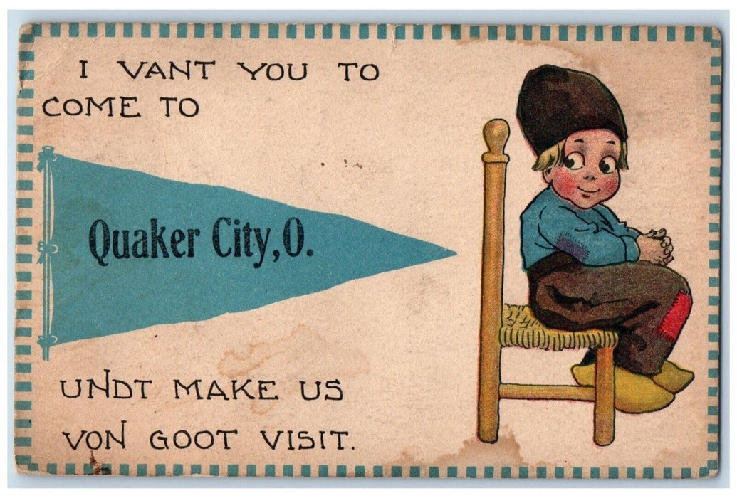 1913 Dutch Boy Sitting Chair Quaker City Ohio OH Pennant Antique Postcard