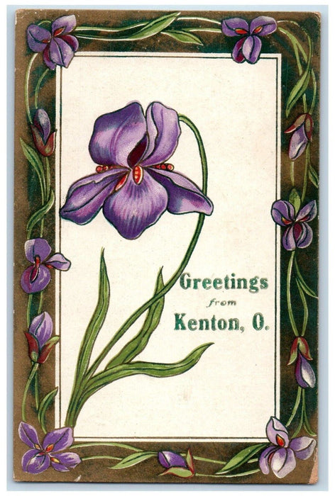 c1910's Greetings From Kenton Ohio OH, Purple Flowers Antique Postcard