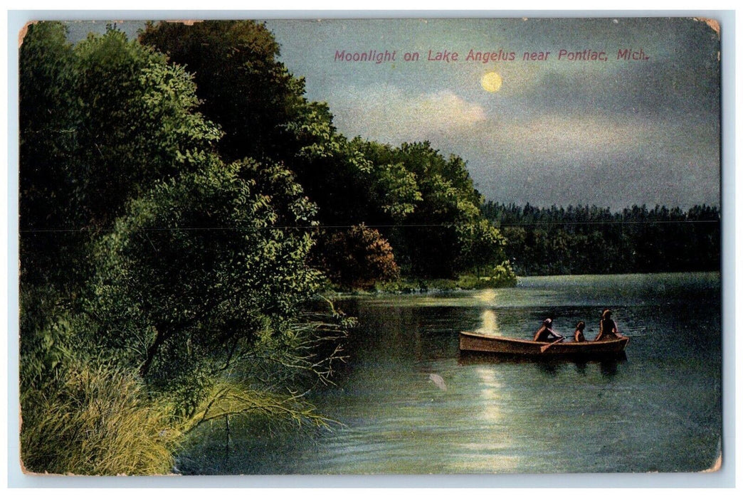 1911 Moonlight On Lake Angelus Canoeing Near Pontiac Michigan MI Postcard