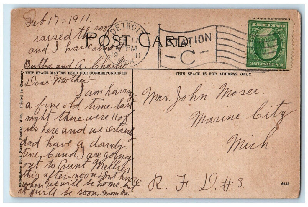 1911 Moonlight On Lake Angelus Canoeing Near Pontiac Michigan MI Postcard