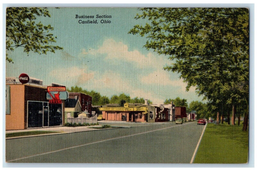 c1930's Business Section Coca Cola Drug Store Canfield Ohio OH Vintage Postcard