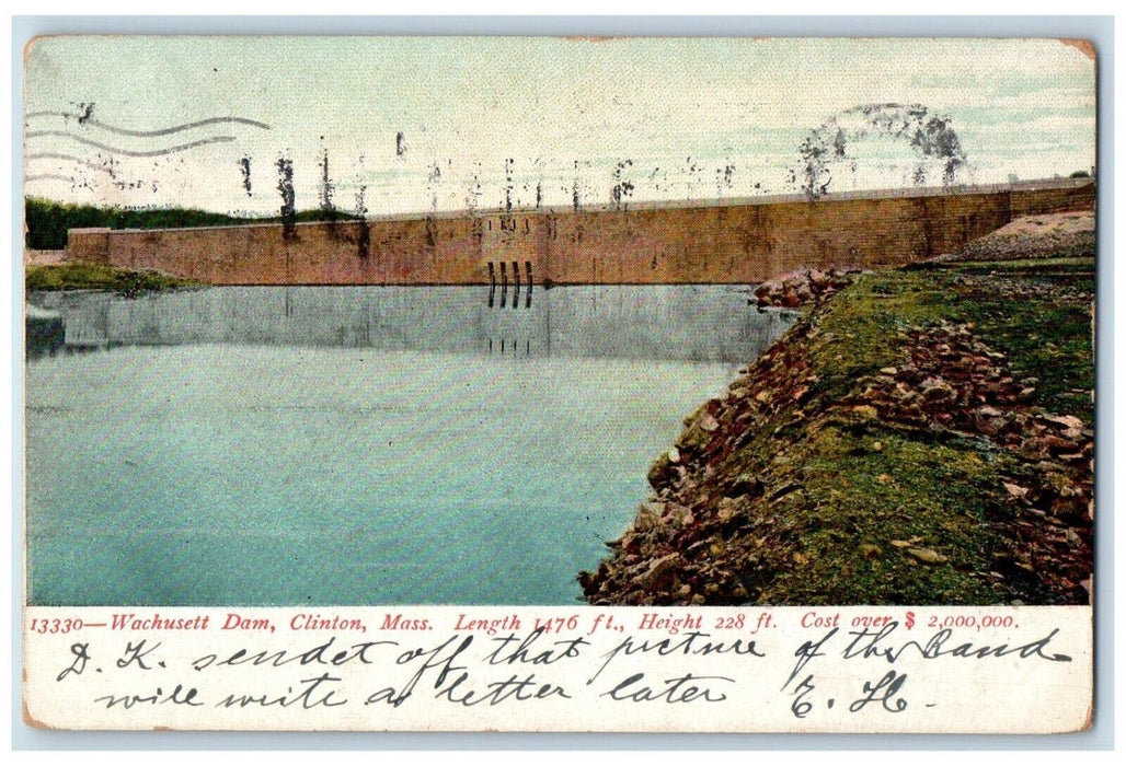 1907 View Of Wachusett Dam Clinton Massachusetts MA Posted Antique Postcard