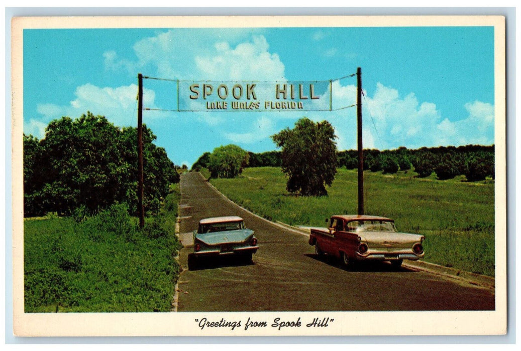 c1950's Two Vintage Cars Greetings from Spook Hill Lakes Wales FL Postcard