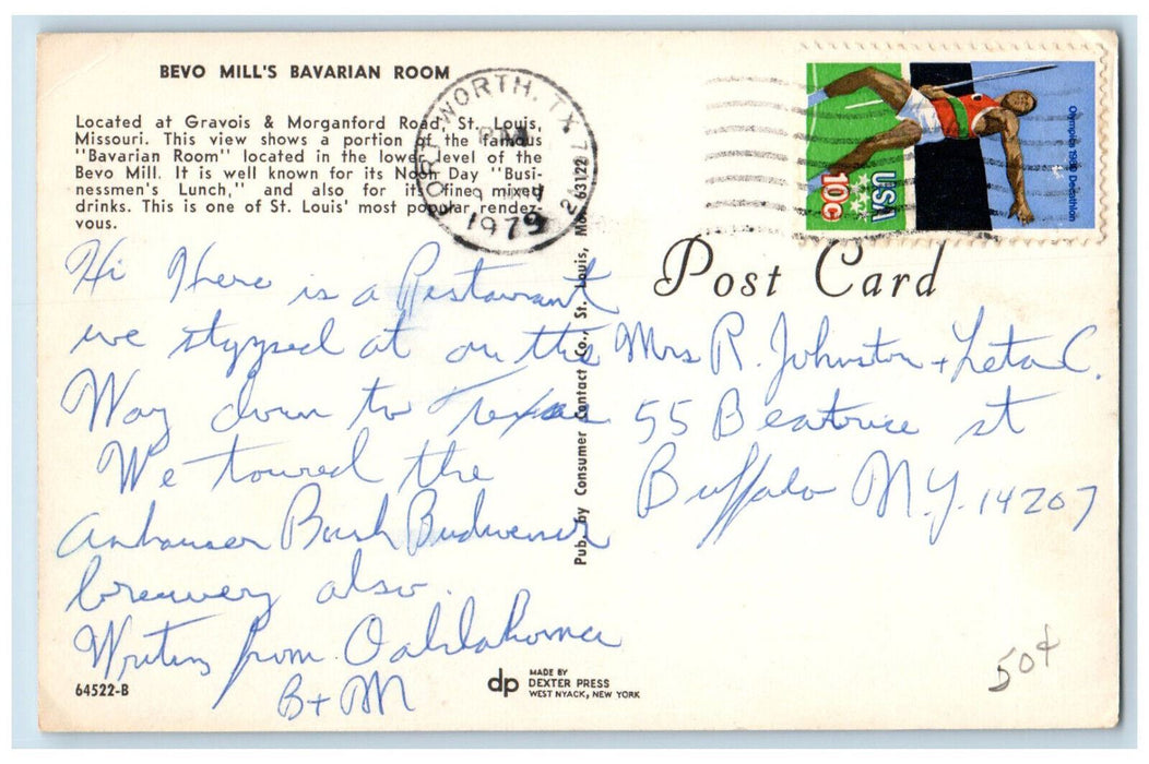1979 Bevo Mill's Bavarian Room St. Louis Missouri MO Posted Postcard