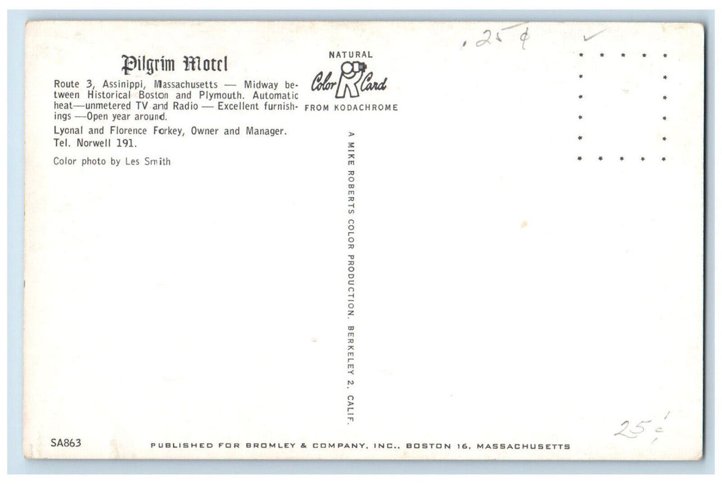 c1950's Pilgrim Motel Route 3 Assinippi Massachusetts MA Antique Postcard