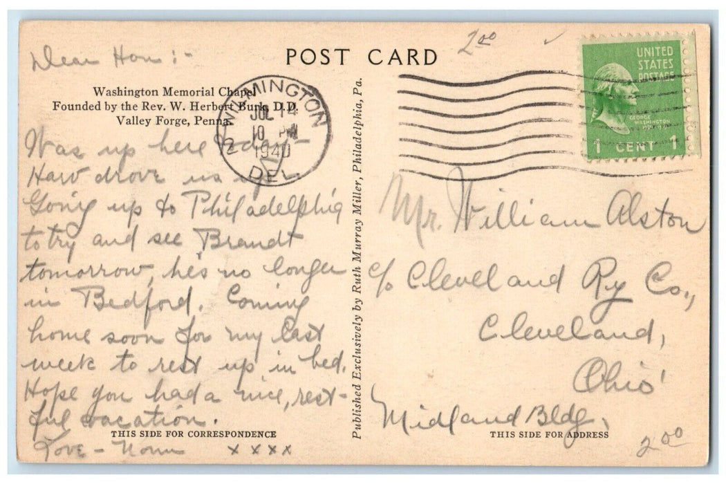 1940 Washington Memorial Chapel Founded W.Herbert Bunk Valley Forge PA Postcard