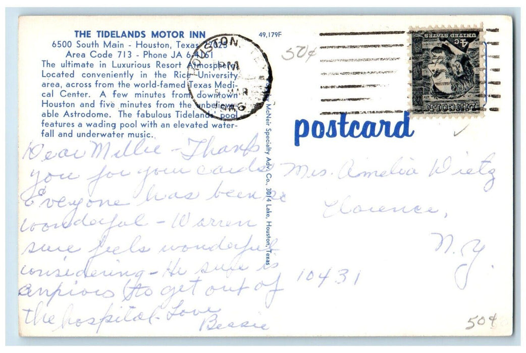 1966 Aerial Birds Eye View Tidelands Motor Inn Hotel Houston Texas TX Postcard