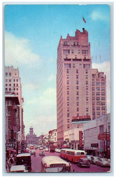 1953 Hilton Hotel Exterior Building Street Bus Cars Fort Worth Texas TX Postcard