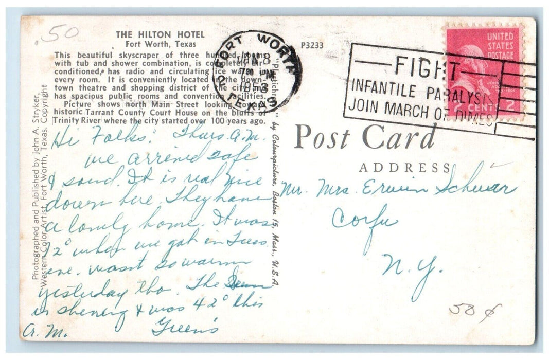 1953 Hilton Hotel Exterior Building Street Bus Cars Fort Worth Texas TX Postcard