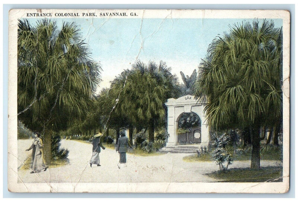 c1920 Entrance Colonial Park Road Street Pine Trees Savannah Georgia GA Postcard
