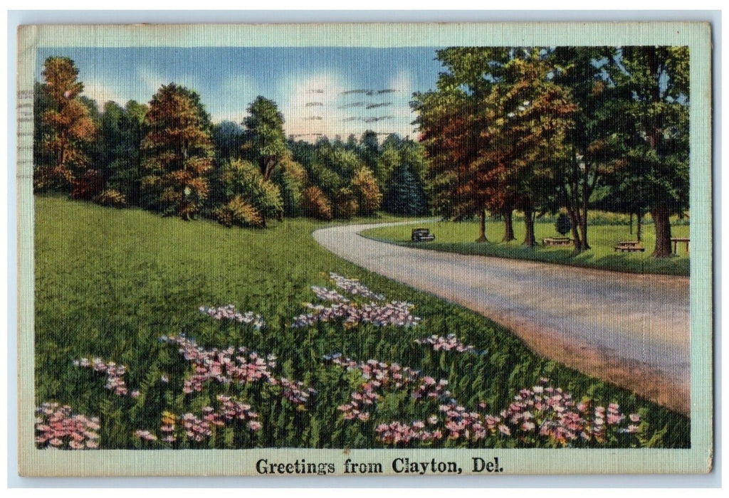 1948 Road Trees Flowers Greetings From Clayton Delaware Vintage Antique Postcard