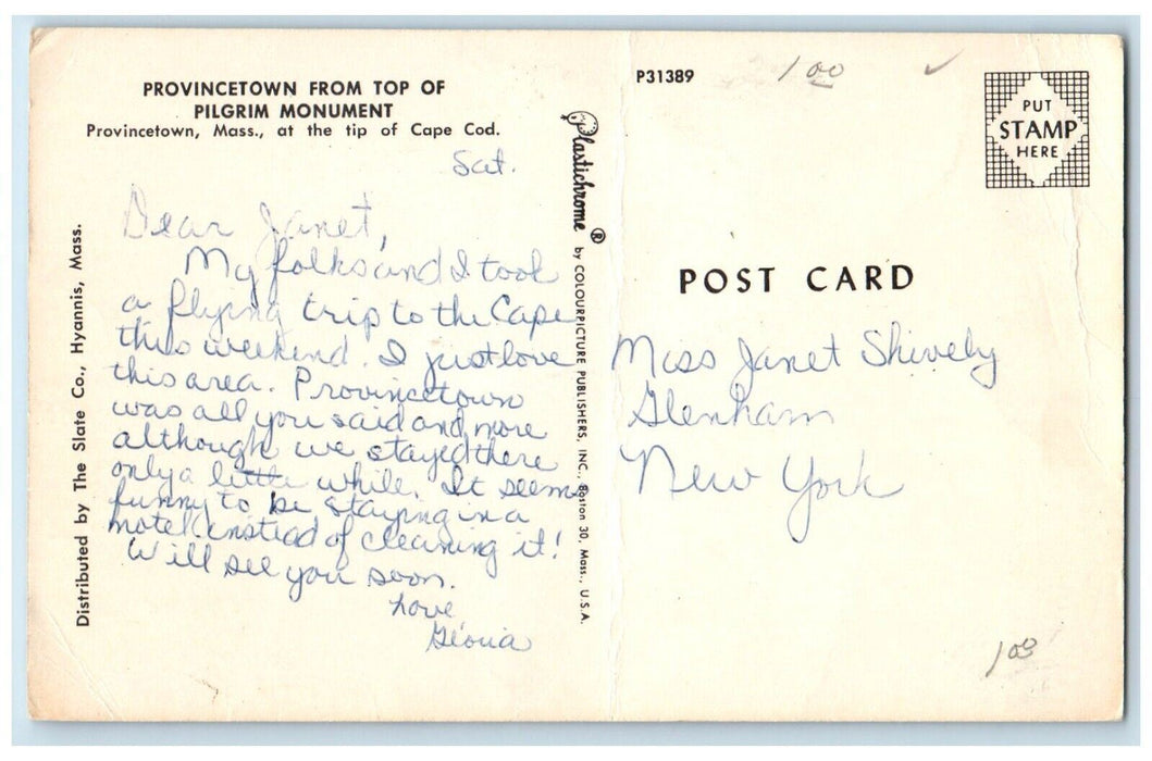 c1960 Aerial Provincetown Top Pilgrim Monument Massachusetts Cape Cod Postcard