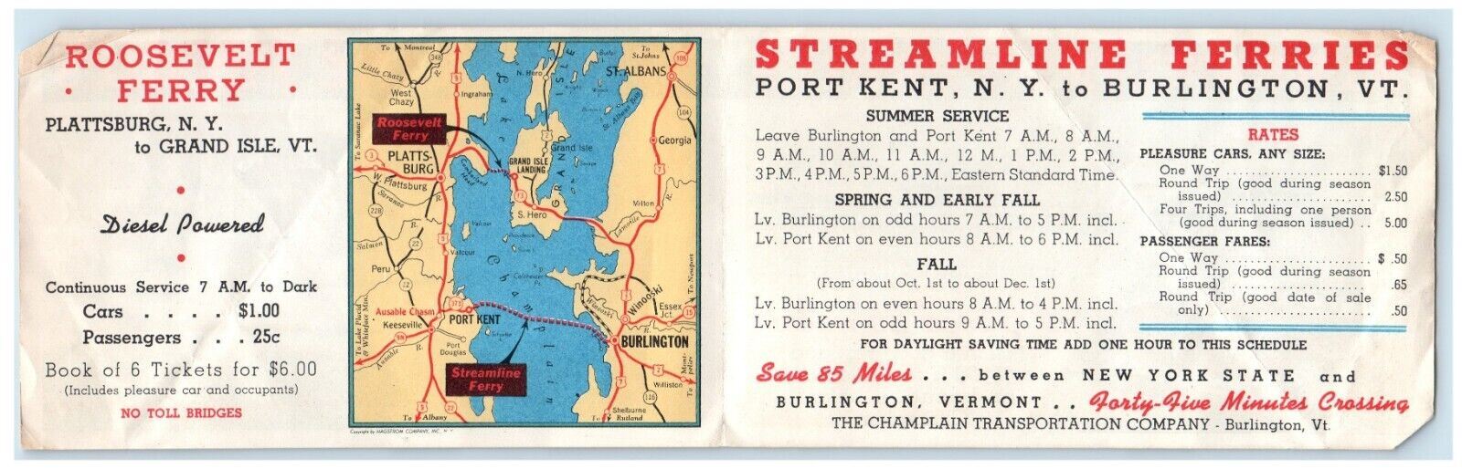 c1930's Streamline Ferries Advertising Pamphlet Boat Burlington VT Port Kent NY