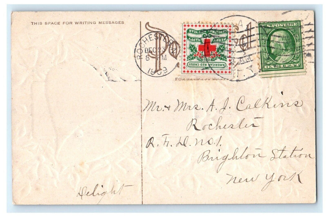 1909 Christmas Seal Tied American Red Cross Posted Rochester NY Postcard