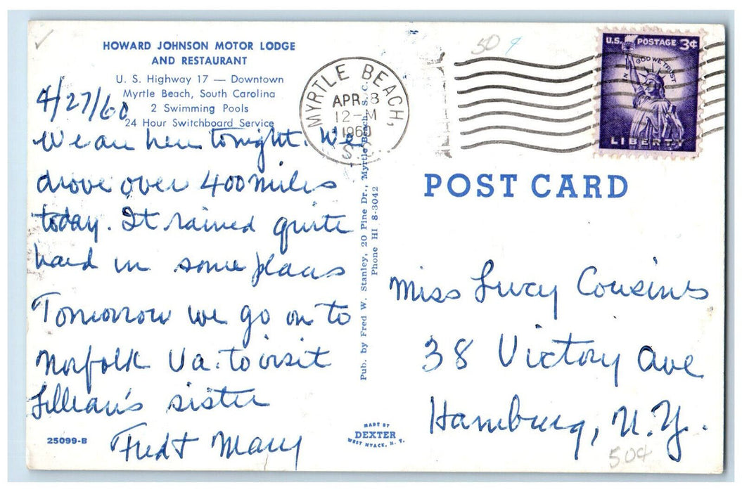 1960 Pool at Howard Johnson Motor Lodge and Restaurant Myrtle Beach SC Postcard