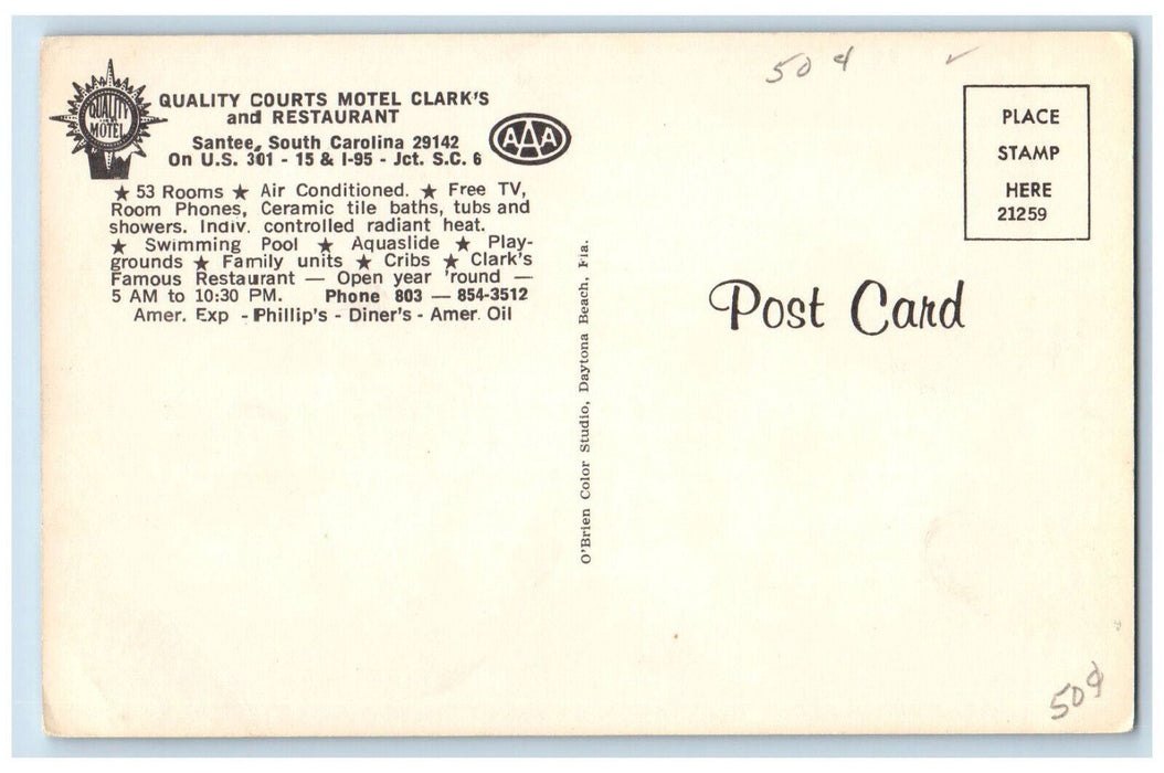 c1960's Quality Courts Motel Clark's and Restaurant Santee SC Postcard