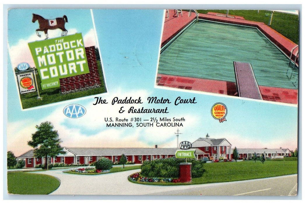1957 The Paddock Motor Court & Restaurant Manning SC Multiview Postcard