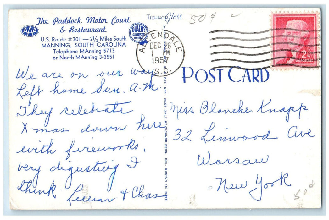 1957 The Paddock Motor Court & Restaurant Manning SC Multiview Postcard
