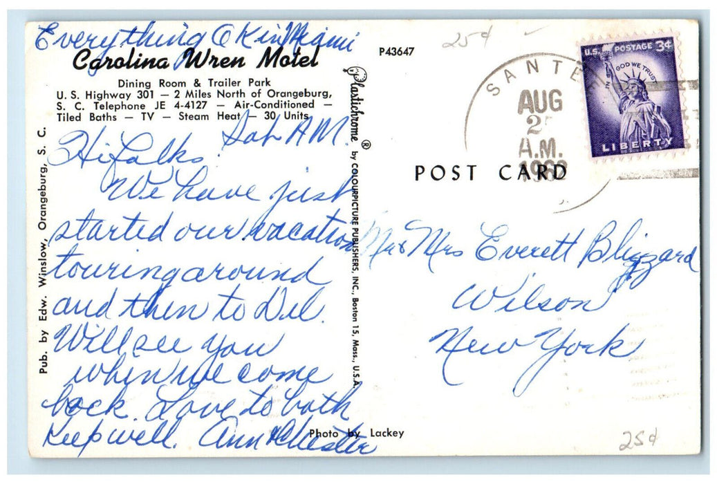 1962 Carolina Wren Motel Dining Room Orangeburg SC Santee SC Postcard