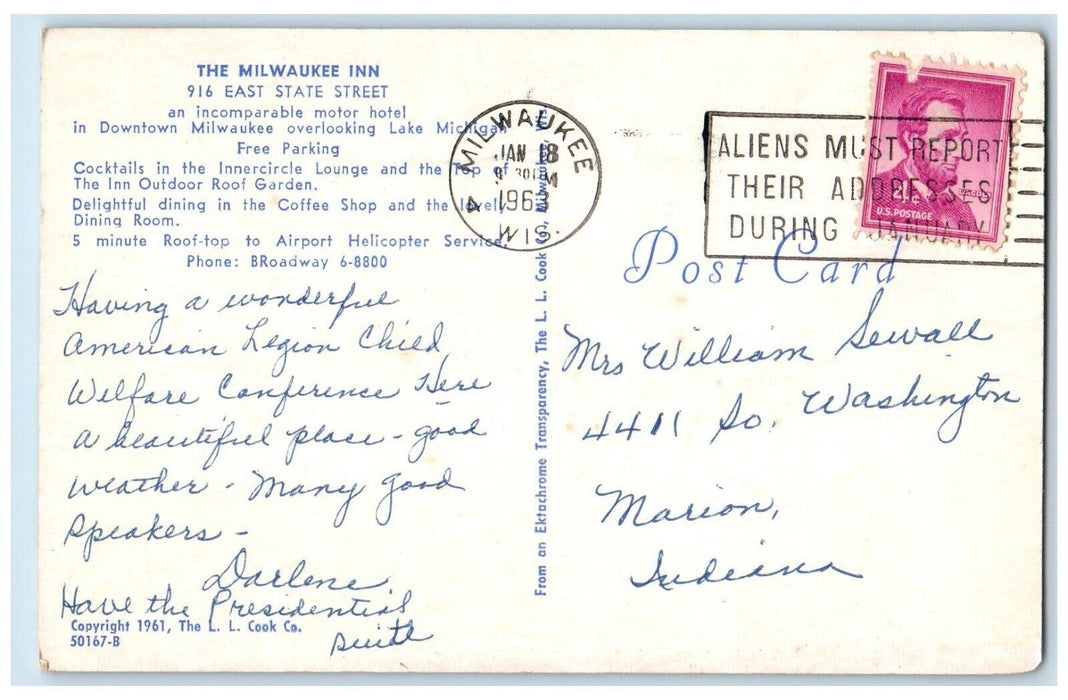1963 The Milwaukee Inn Hotel Building Car Milwaukee Wisconsin WI Posted Postcard