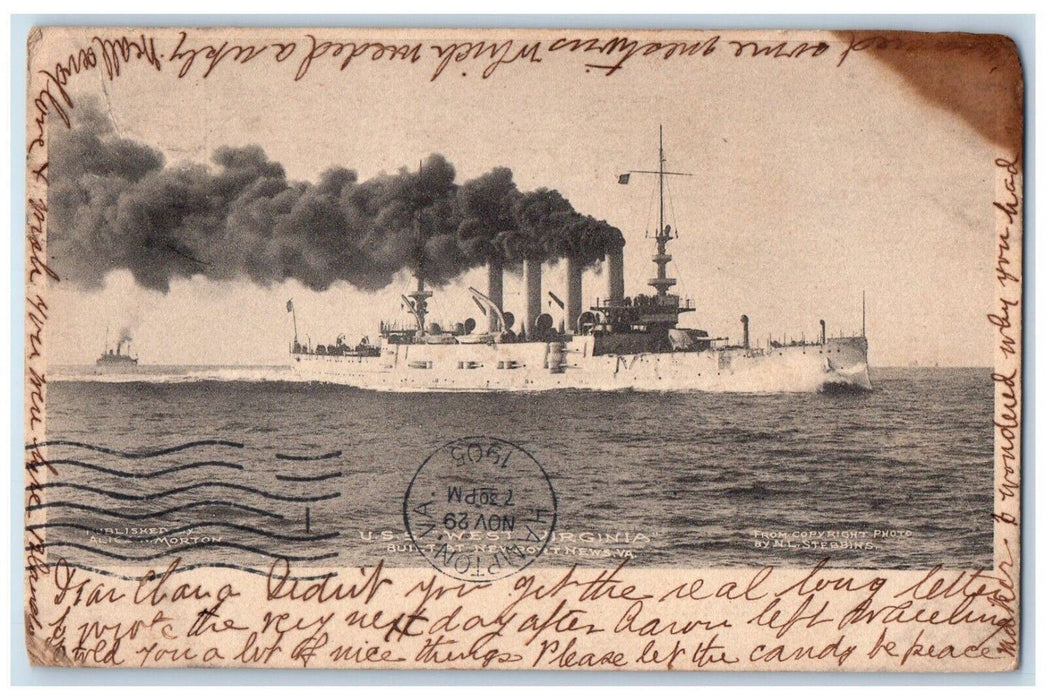 1905 U.S.S. Steamer Ship Smoke West Virginia Built At Newport News VA Postcard