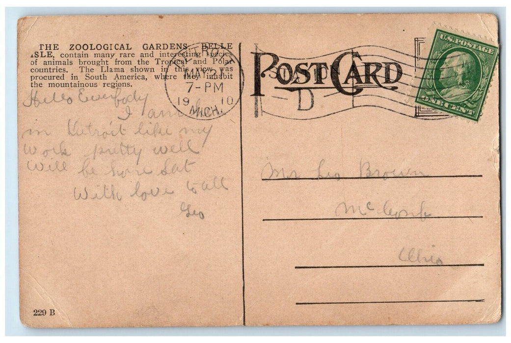 1910 Llma Bebbe Isle Zoological Detroit Michigan MI Antique Posted Postcard