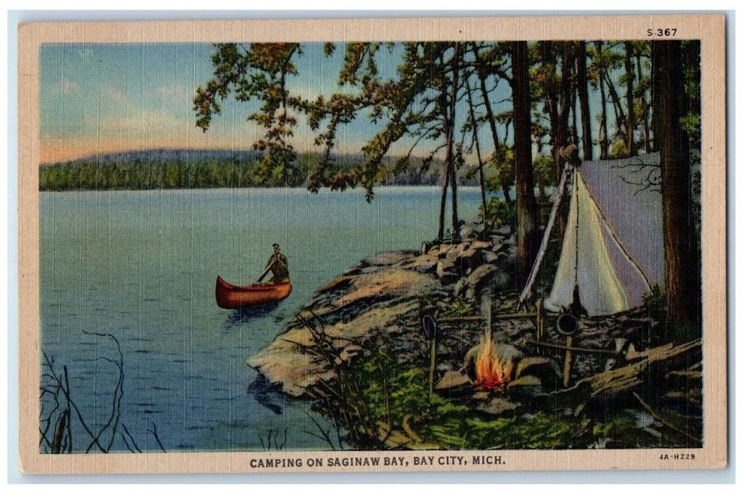 c1930's Camping In Saginaw Bay Canoeing Bay City Michigan MI Vintage Postcard