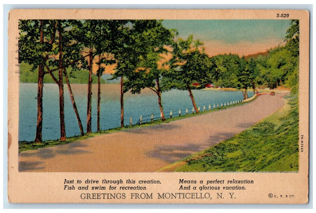 1940 Greetings From Monticello New York NY, Road Car Lake View Postcard