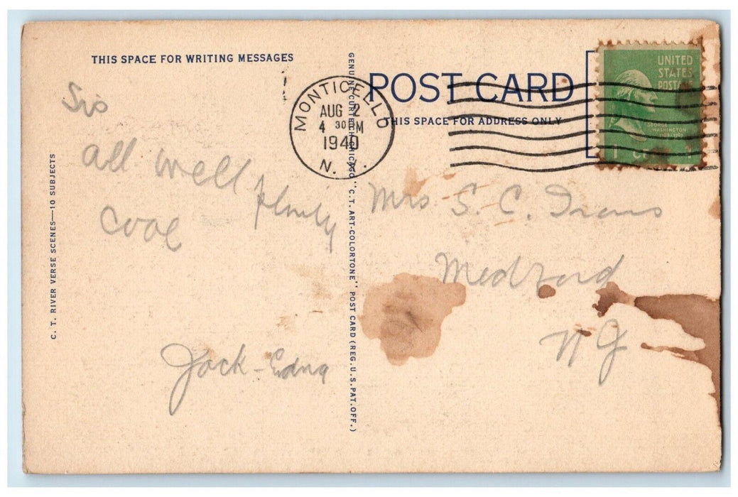 1940 Greetings From Monticello New York NY, Road Car Lake View Postcard