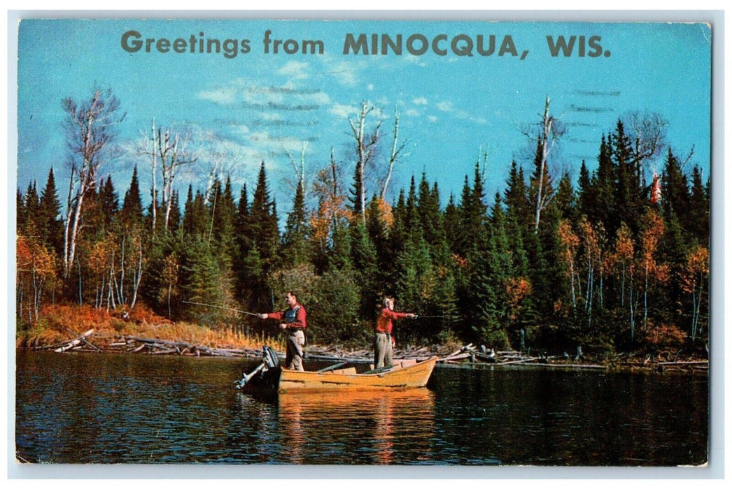 1959 Greetings From Minocqua Wisconsin WI, Boys Fishing Boat View Postcard