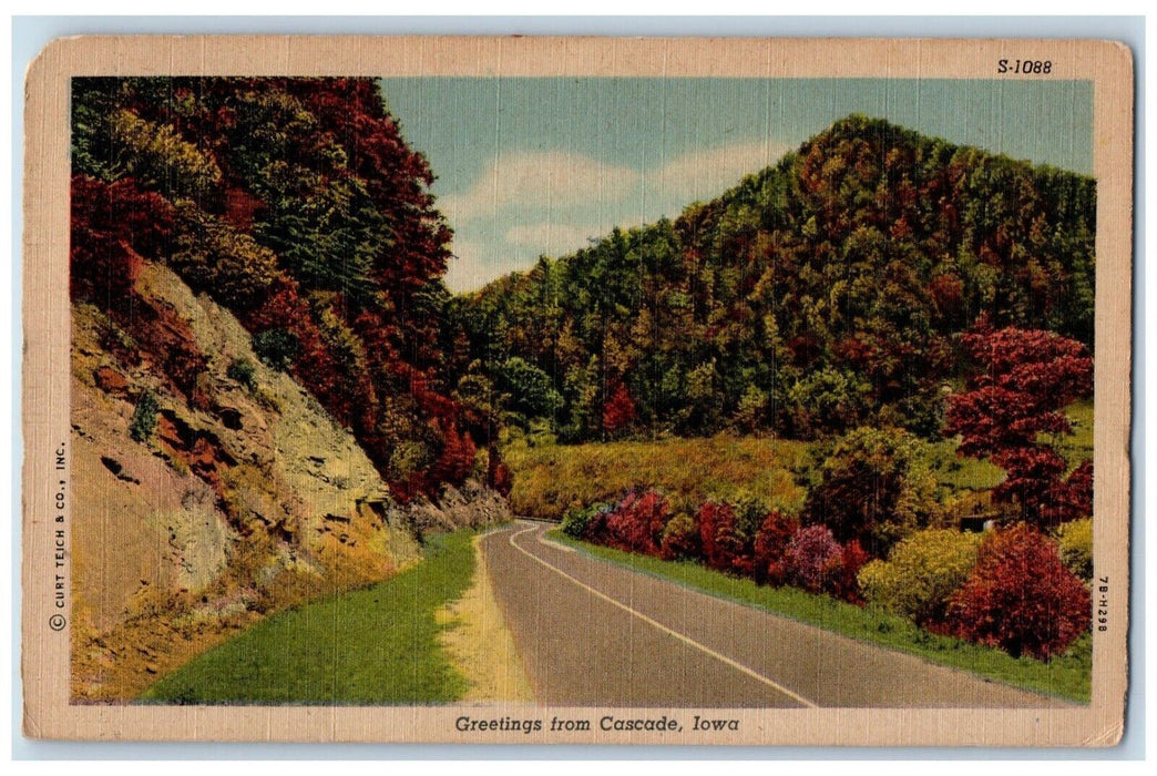 1950 Greetings From Cascade Iowa IA, Road View Posted Vintage Postcard