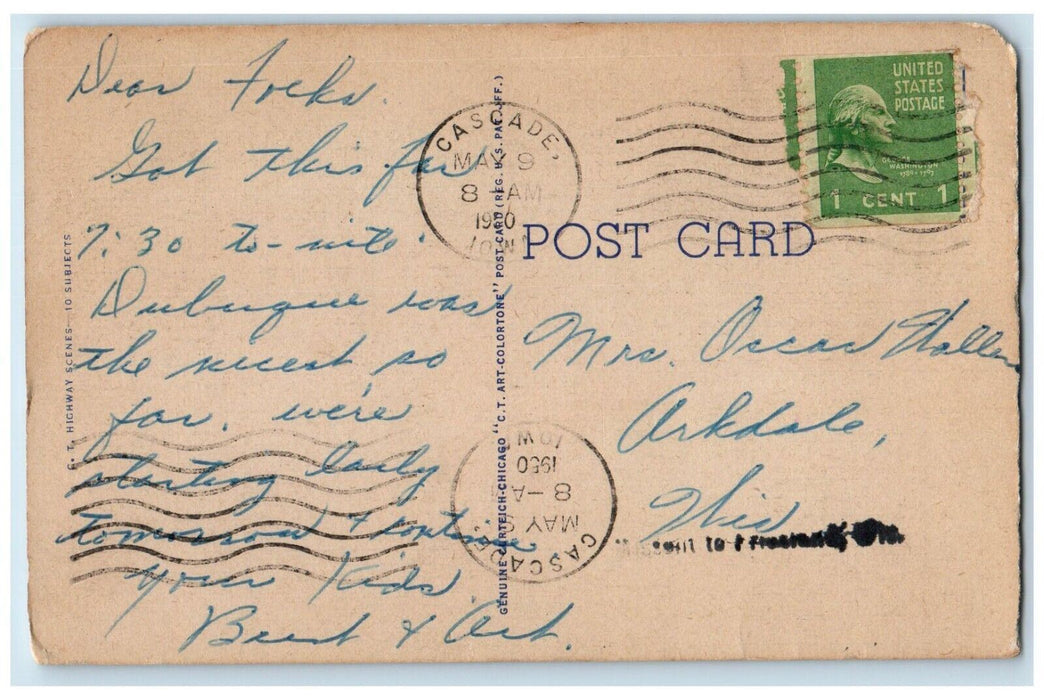 1950 Greetings From Cascade Iowa IA, Road View Posted Vintage Postcard