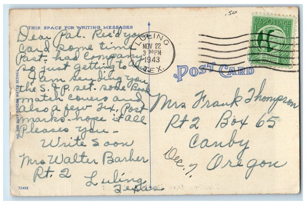 1943 Greetings From Damon Texas TX, River Canoeing View Posted Vintage Postcard