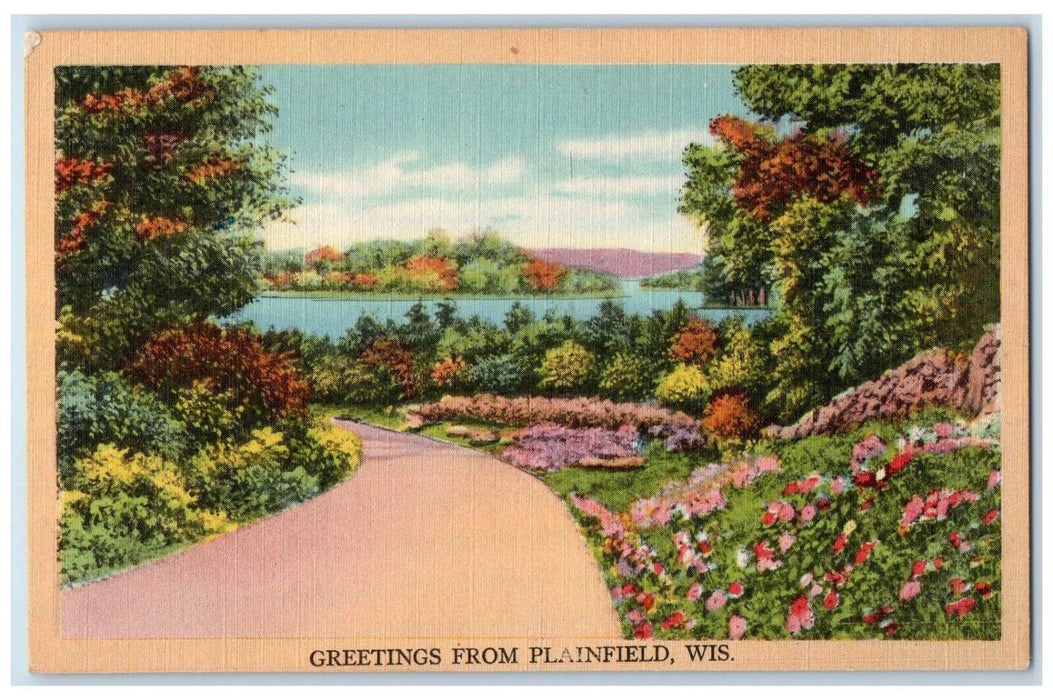 c1930's Greetings From Plainfield Wisconsin WI, Road Flowers Lake View Postcard