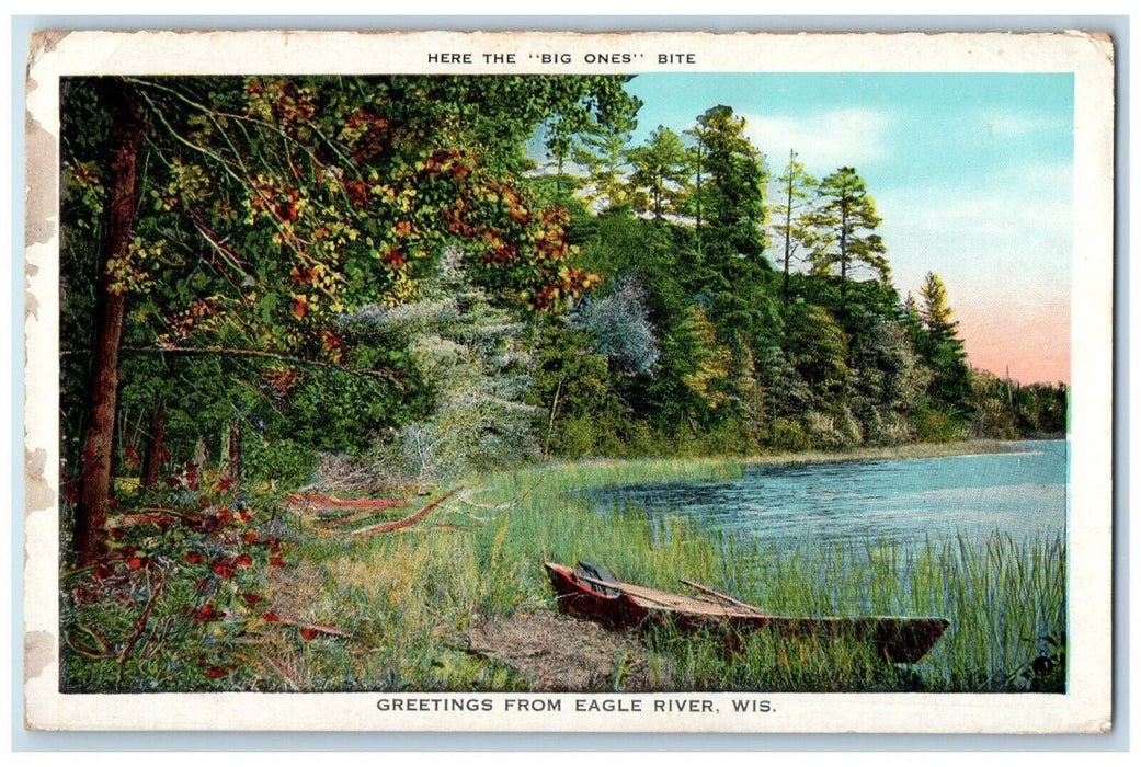 c1930's Greetings From Eagle River Wisconsin WI, Boat Lake View Vintage Postcard