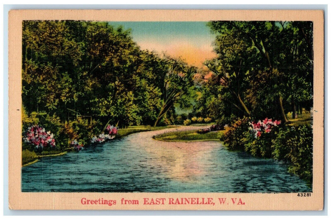 1946 Greetings From East Rainelle West Virginia WV, River Flowers Postcard