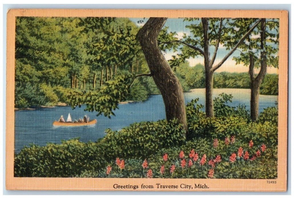 c1930's Greetings From Traverse City Michigan MI, Canoeing Lake View Postcard
