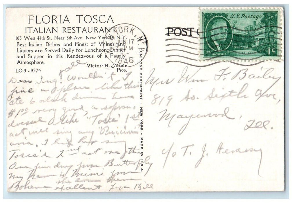 1946 Dining Area Floria Tosca Italian Restaurant New York City NY Postcard