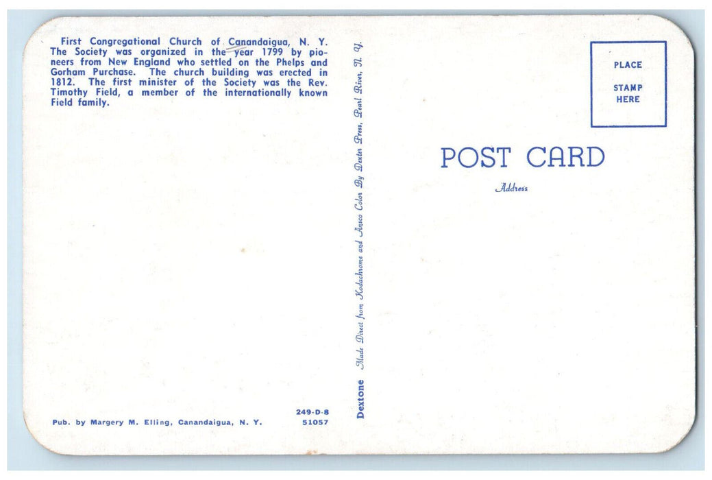 c1950's First Congregational Church of Canandaigua New York NY Postcard