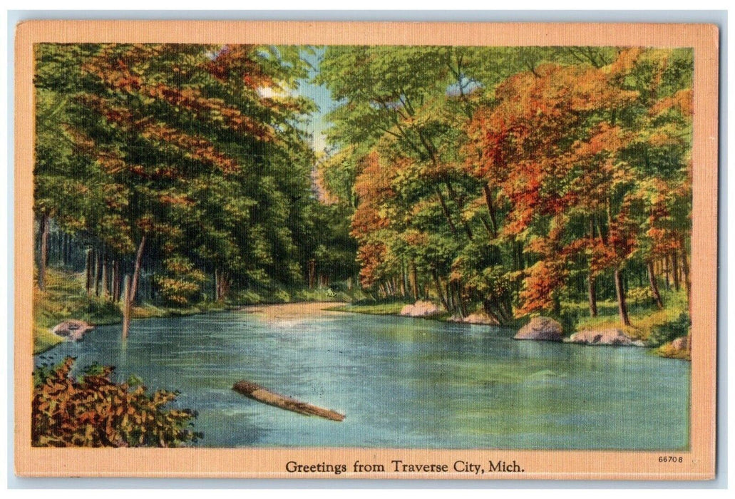 c1930's Greetings From Traverse City Michigan MI, Lake View And Trees Postcard