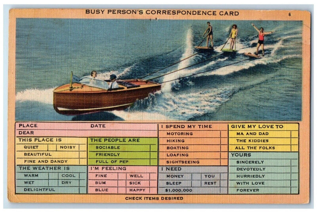 c1930's Busy Person's Correspondence Checklist Speedboat Waterskiing Postcard