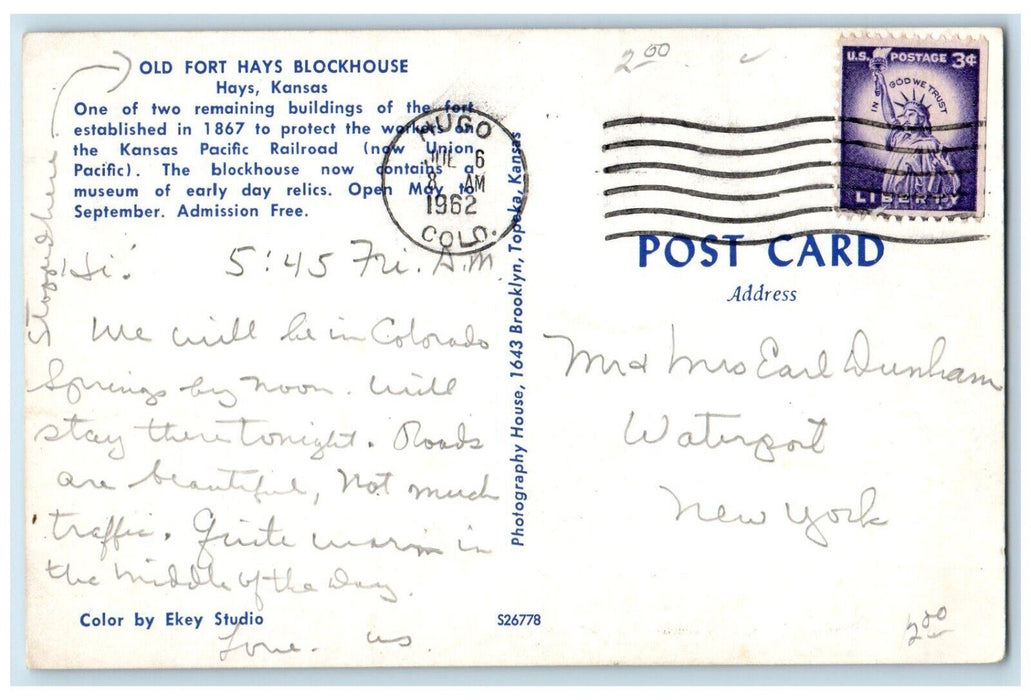 1962 Old Fort Hays Blockhouse Remaining Building Exterior Hays Kansas Postcard