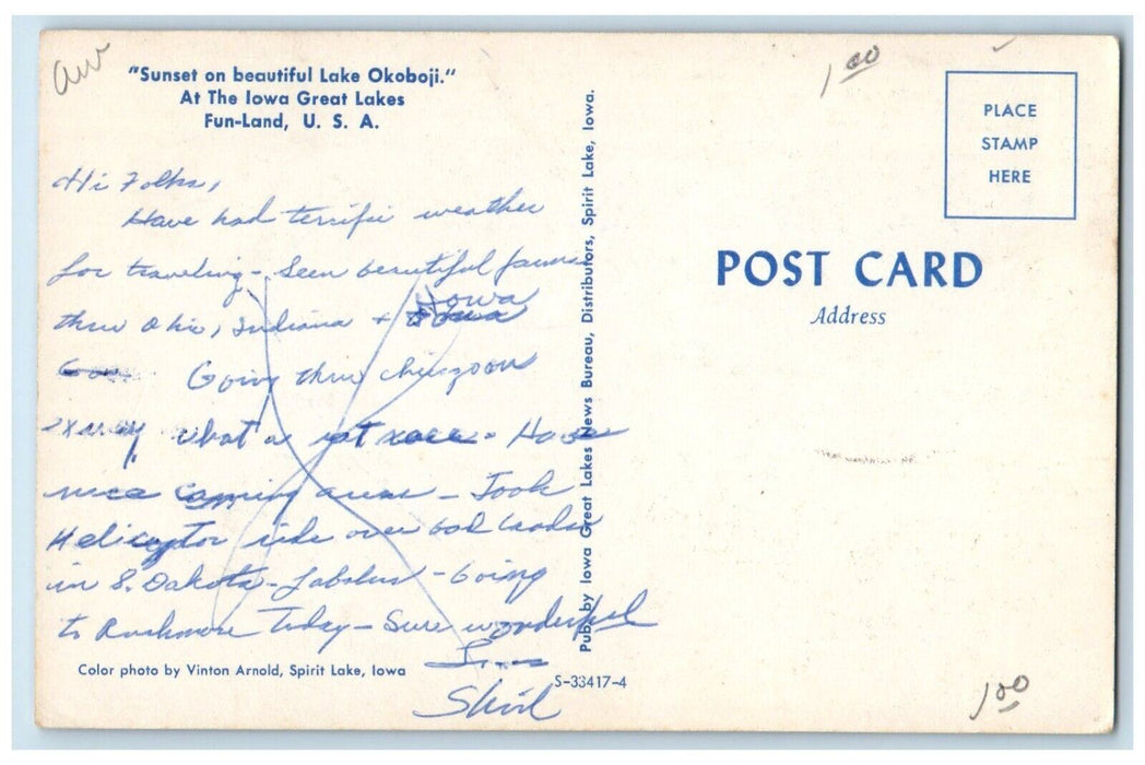 c1960 Sunset On Lake Okoboji Iowa Great Lakes Fun-Land USA Iowa Vintage Postcard