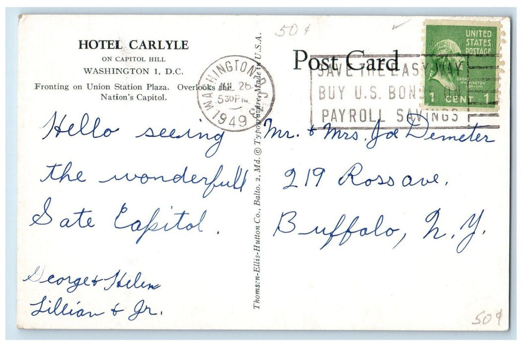 1949 Hotel Carlyle Capitol Hill Union State Plaza Washington DC Vintage Postcard