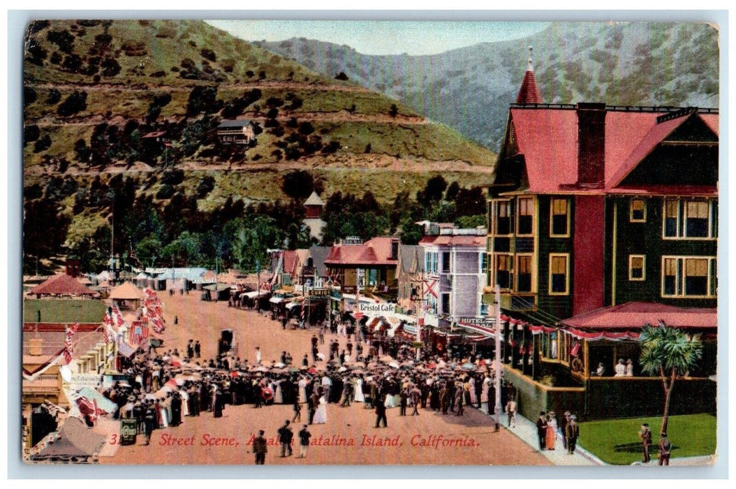 1915 Street Scene Bristol Cafe Hotel Avalon Catalina Island CA Antique Postcard