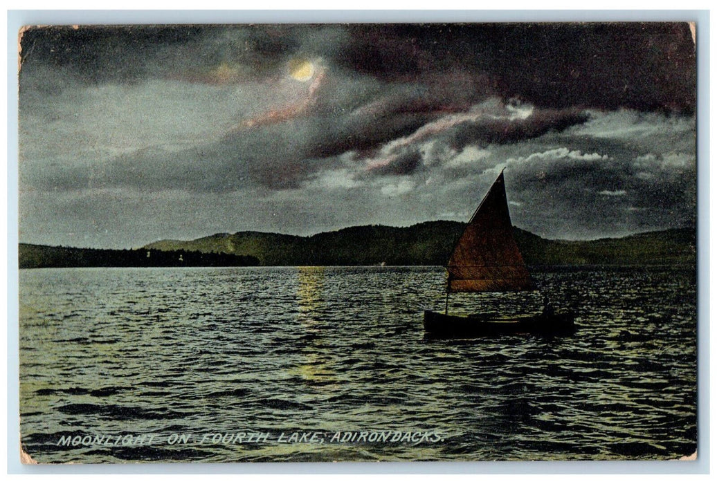 c1910 Boat Sailing Moonlight on Fourth Lake Adirondacks New York NY RPO Postcard