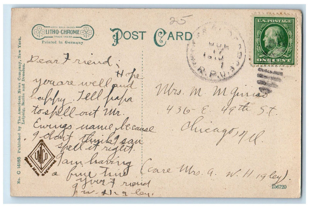 c1910 Boat Sailing Moonlight on Fourth Lake Adirondacks New York NY RPO Postcard