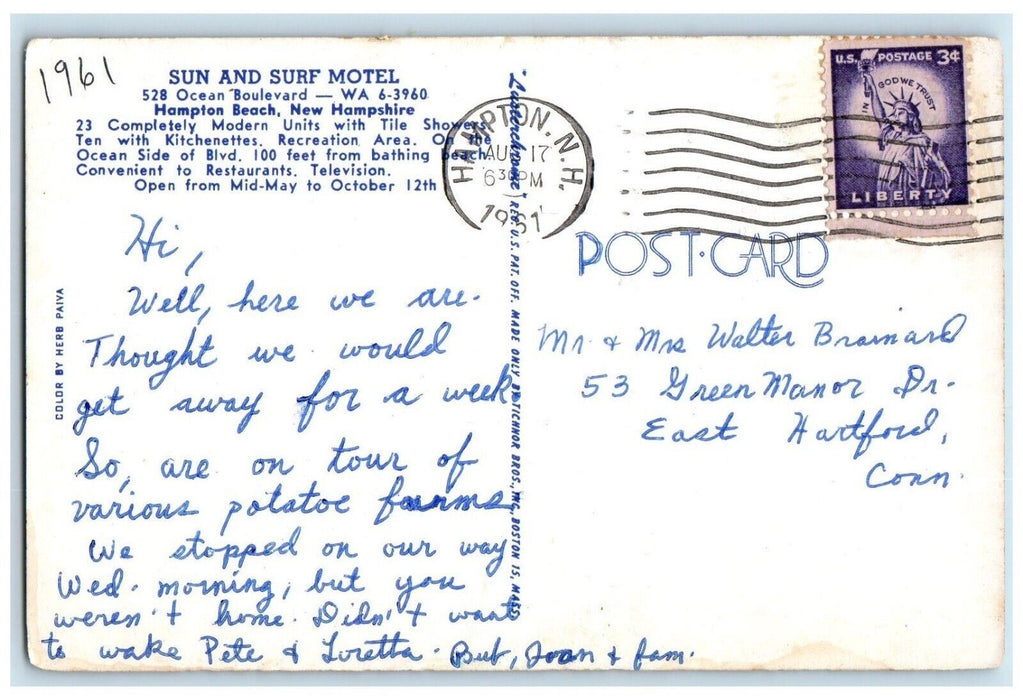 1961 Sun And Surf Motel Hampton Beach New Hampshire NH Dual View Posted Postcard
