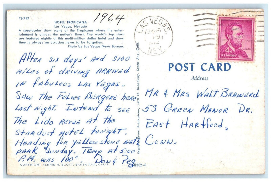 1964 The Tropicana Show Time Las Vegas Nevada NV Posted Vintage Postcard